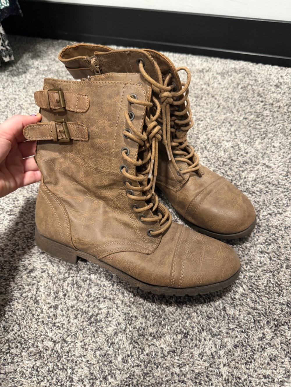 Rampage Tan Lace-Up Combat Boots with Buckle Straps